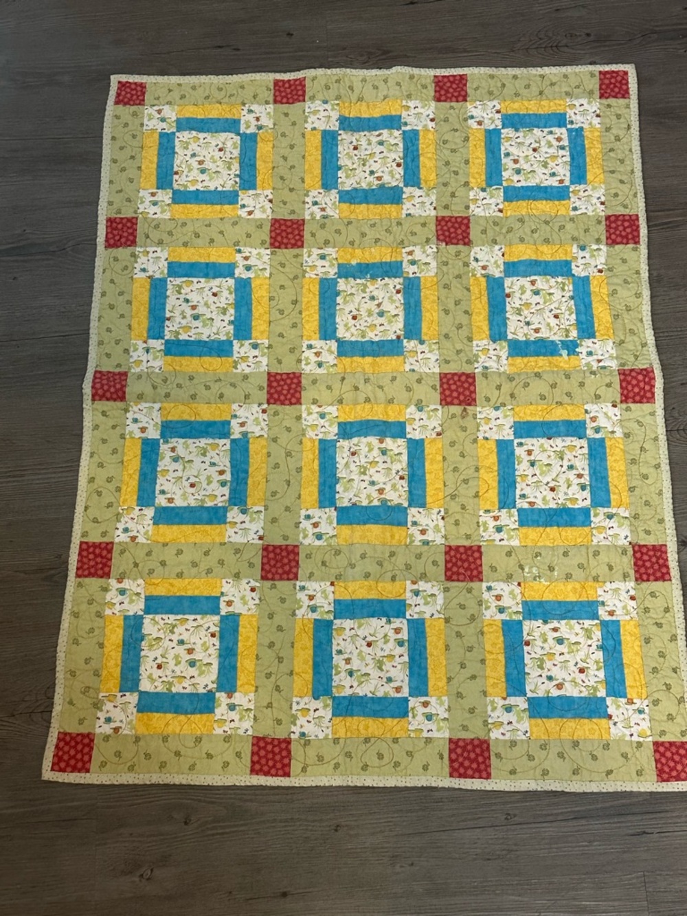 Handmade Floral Patchwork baby Quilt in Yellow, Blue, and Green - 30” by 40”
